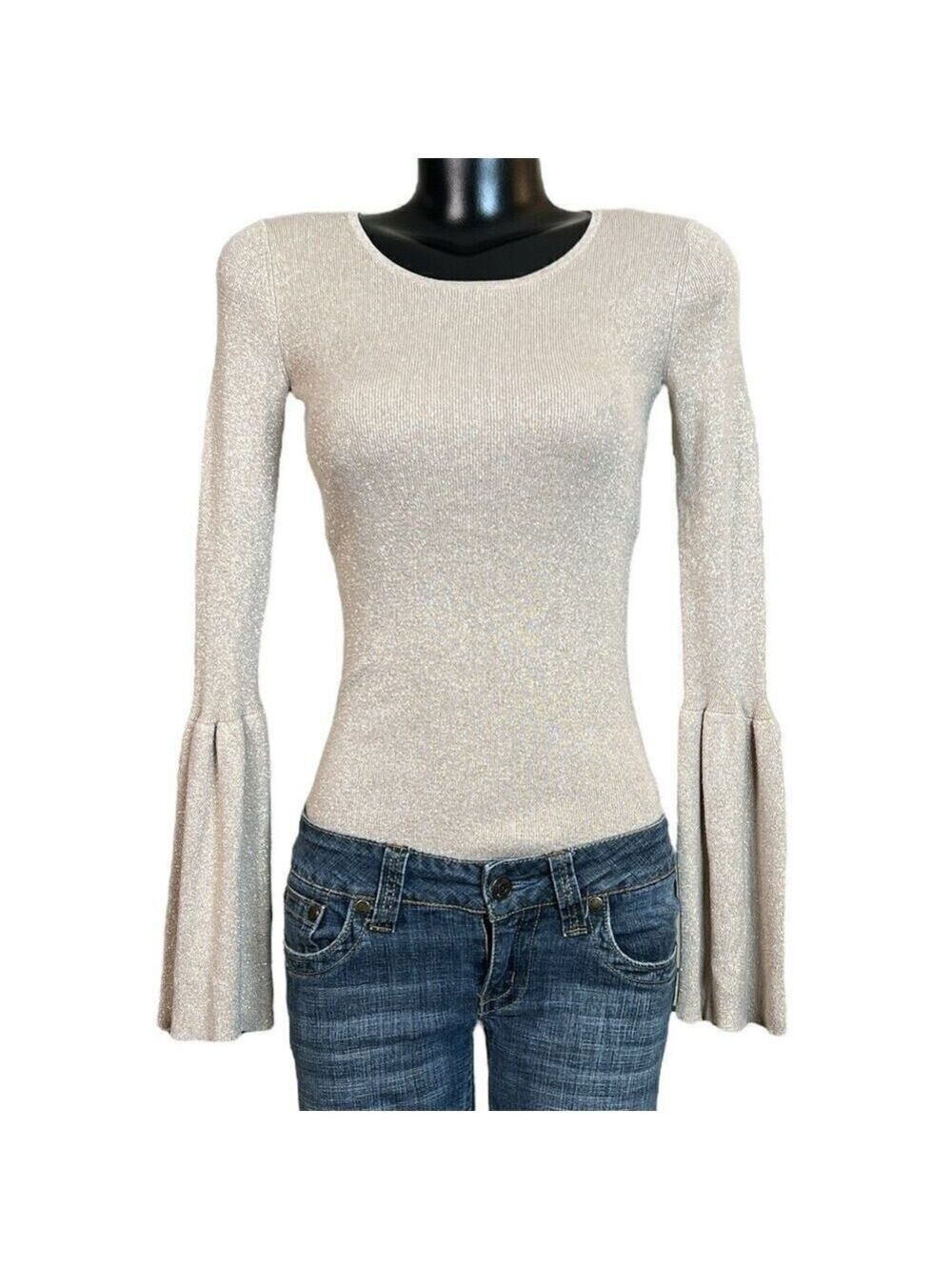 Hinge NEW Womens Bell Sleeve Sweater sz Small Beige Oatmeal Cream Metallic Gold